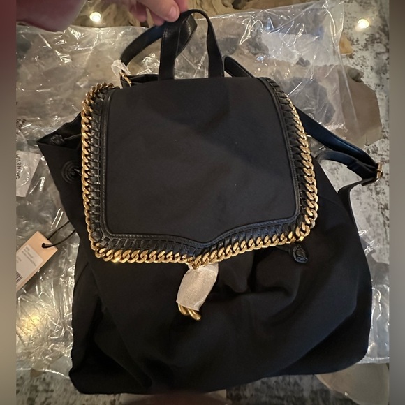 NWT Rebecca Minkoff Black Gold Chain Backpack Leather Trim Flap Backpack